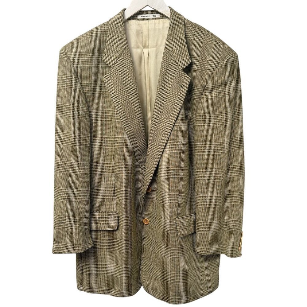 HUGO BOSS Corleone Blazer 44R Silk Wool Mens Sport Coat Yellow Black Check